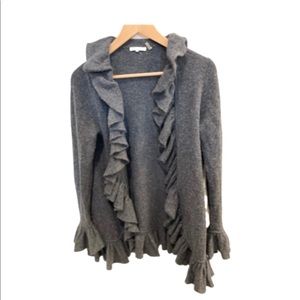 Minnie Rose gray cashmere ruffle cardigan sweater